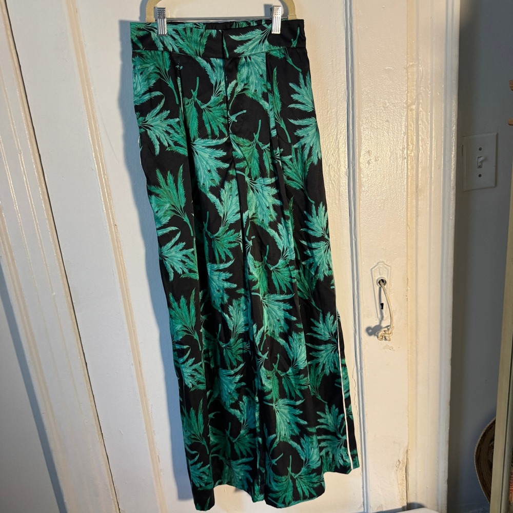 Green Tropical Palm Leaf Wide Leg Pants Black White Side Stripe Dopamine XS - Picture 3 of 11